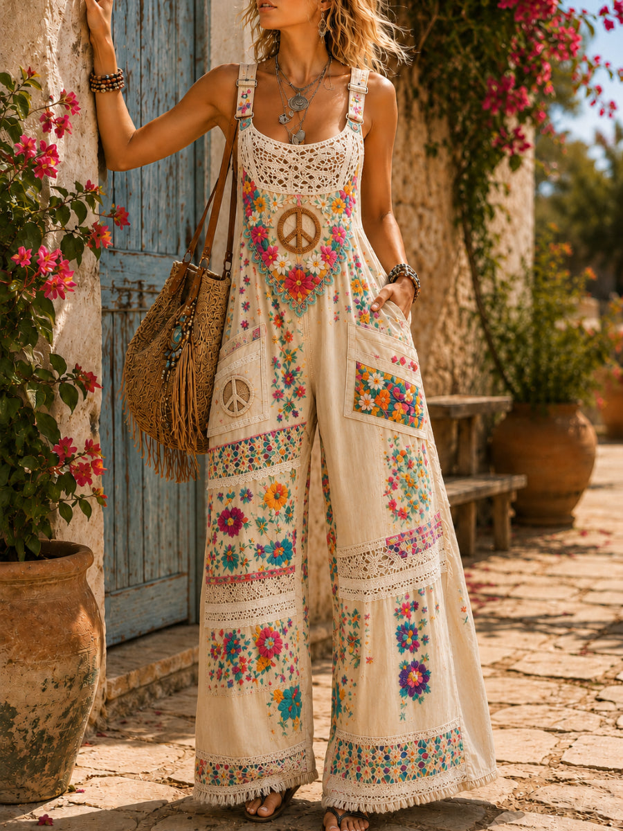 Women's Retro Style Art Print Washed Cotton Denim Patchwork Jumpsuit