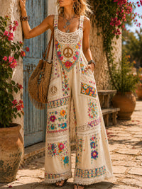 Women's Retro Style Art Print Washed Cotton Denim Patchwork Jumpsuit