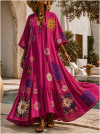 Retro Style Art Printed Vintage Camisole Dress Long Sleeve Two-Piece Maxi Dress