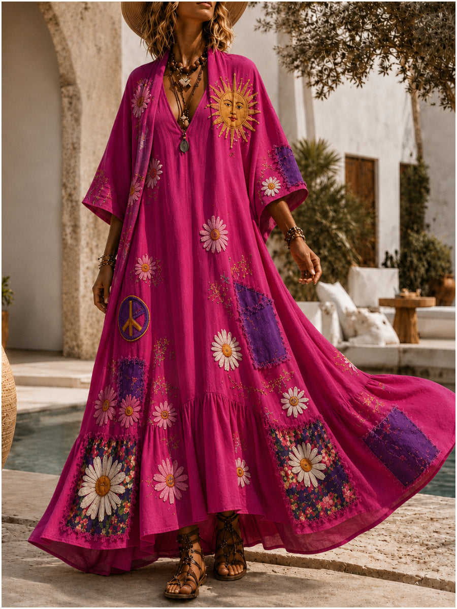 Retro Style Art Printed Vintage Camisole Dress Long Sleeve Two-Piece Maxi Dress