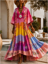 Retro Style Art Printed Vintage Camisole Dress Long Sleeve Two-Piece Maxi Dress