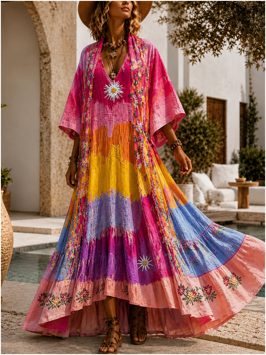 Retro Style Art Printed Vintage Camisole Dress Long Sleeve Two-Piece Maxi Dress