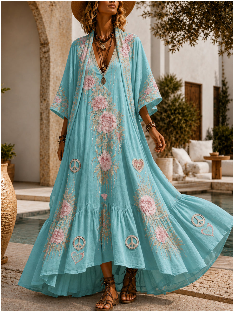 Retro Style Art Printed Vintage Camisole Dress Long Sleeve Two-Piece Maxi Dress
