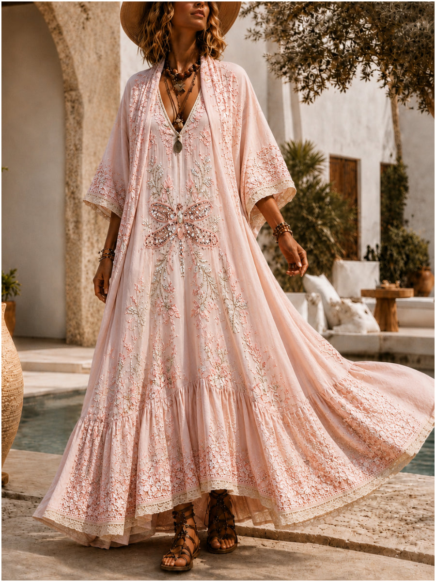 Retro Style Art Printed Vintage Camisole Dress Long Sleeve Two-Piece Maxi Dress
