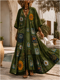 Retro Style Art Printed Vintage Camisole Dress Long Sleeve Two-Piece Maxi Dress