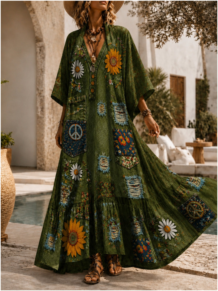 Retro Style Art Printed Vintage Camisole Dress Long Sleeve Two-Piece Maxi Dress
