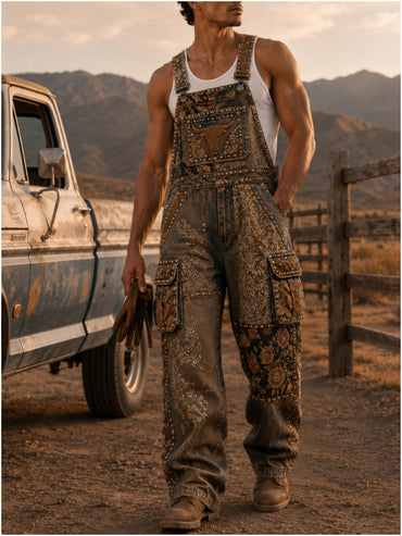 Men's Retro Style Art Print Vintage Casual Washed Cotton Denim Patchwork Jumpsuit