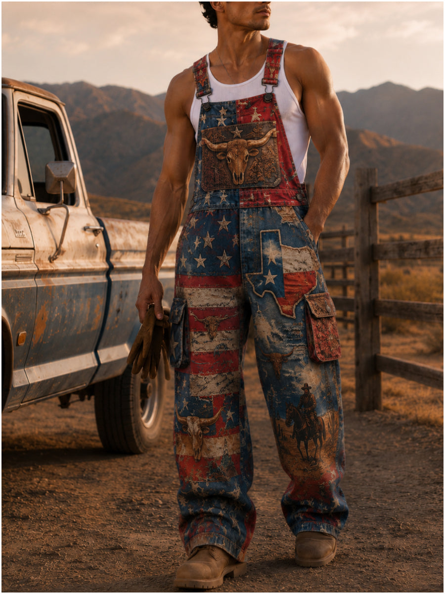 Men's Retro Style Art Print Vintage Casual Washed Cotton Denim Patchwork Jumpsuit
