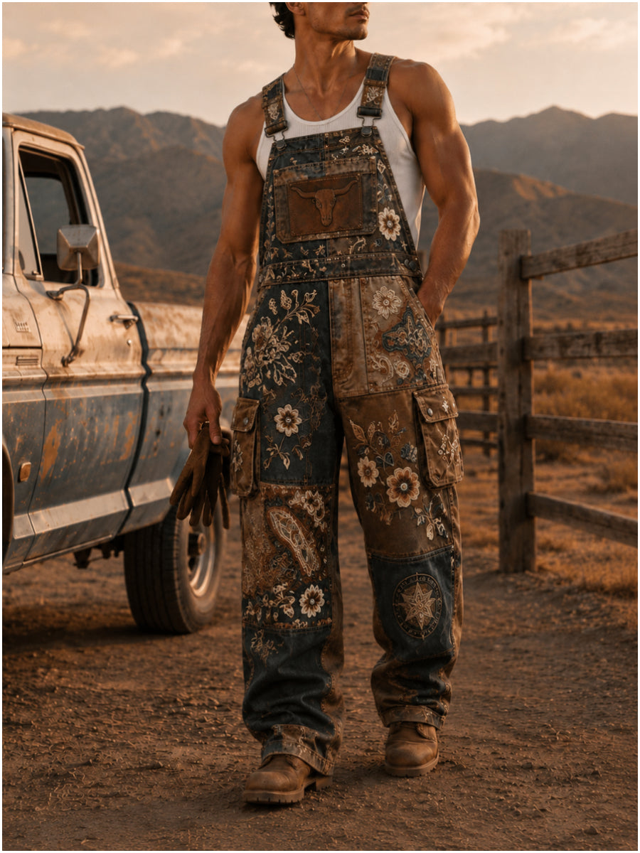 Men's Retro Style Art Print Vintage Casual Washed Cotton Denim Patchwork Jumpsuit
