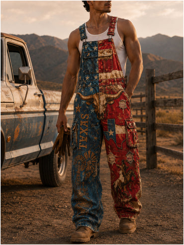 Men's Retro Style Art Print Vintage Casual Washed Cotton Denim Patchwork Jumpsuit