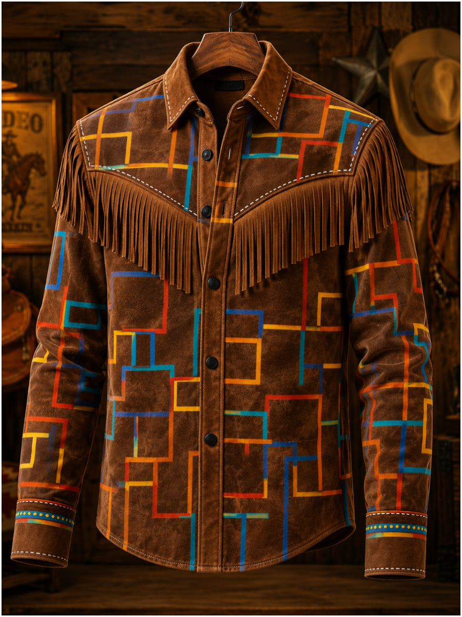 Men's Retro Leisurely Style Art Print Western Vintage Tassel Casual Long Sleeve Shirt
