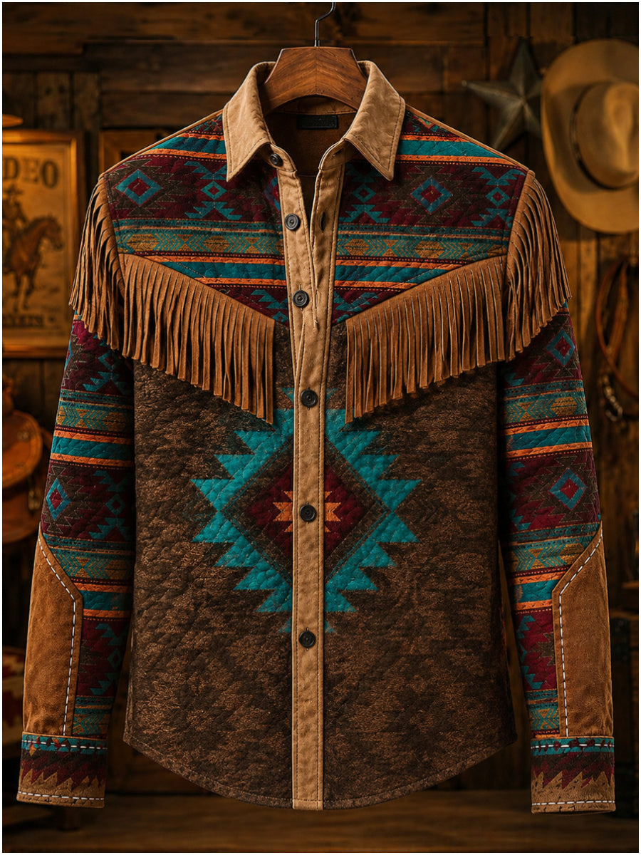 Men's Retro Western Style Art Print Vintage Tassel Casual Long Sleeve Shirt