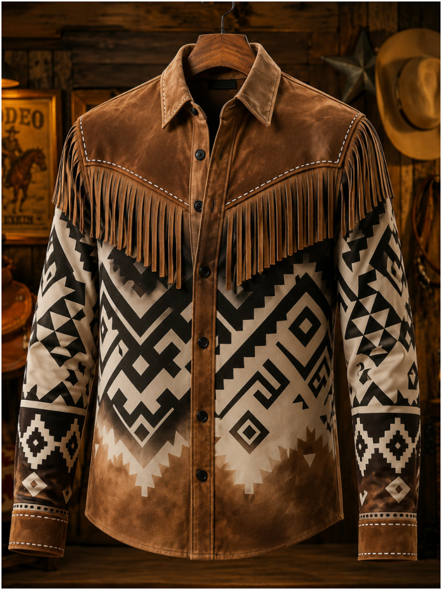 Men's Retro Leisurely Style Art Print Western Vintage Tassel Casual Long Sleeve Shirt