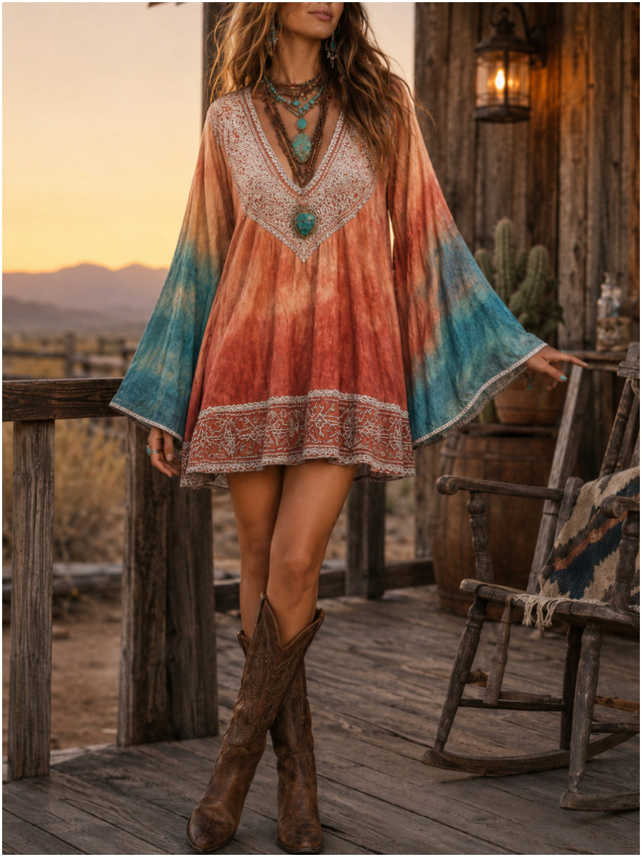 Women's Bohemian V-Neck Bell Sleeve Mini Dress - Long Bell Sleeve Flowy Mini Dress