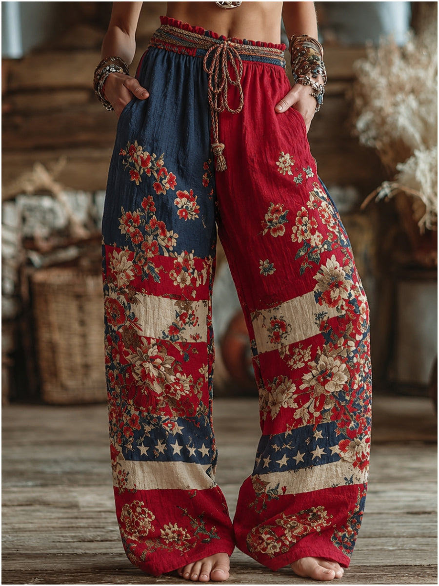 Independence Day Floral Embroidery Patchwork Loose Linen Blend Pants