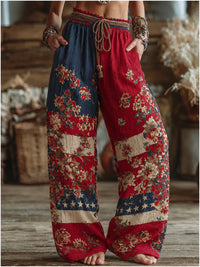 Independence Day Floral Embroidery Patchwork Loose Linen Blend Pants