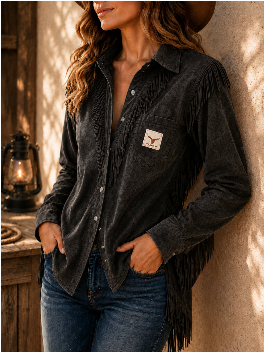 Women's Suede Turn-Down Collar Fringe Slim Fit Blouse