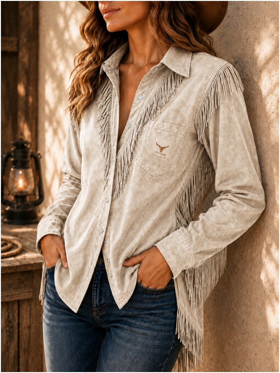 Women's Suede Turn-Down Collar Fringe Slim Fit Blouse