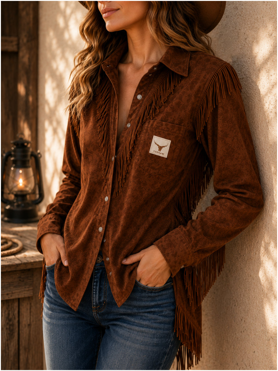 Women's Suede Turn-Down Collar Fringe Slim Fit Blouse