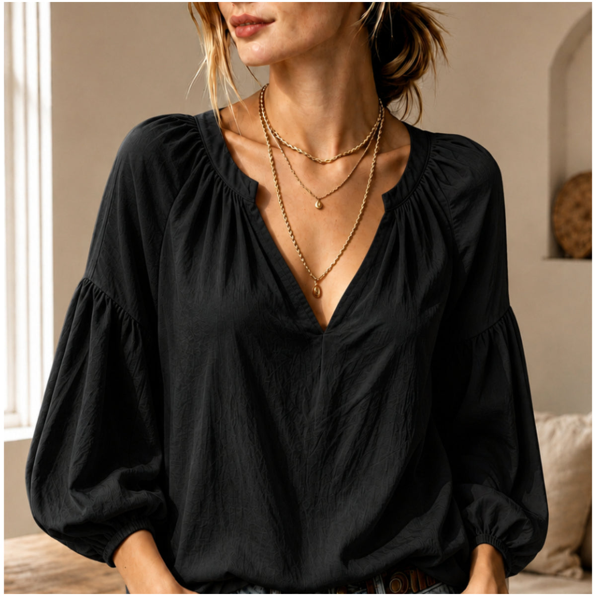 Women's Lazy Relaxed Ruched V-Neck Casual Blouse Top