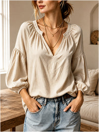 Women's Lazy Relaxed Ruched V-Neck Casual Blouse Top