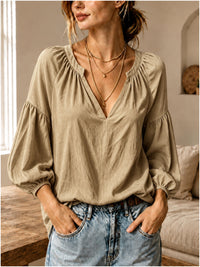 Women's Lazy Relaxed Ruched V-Neck Casual Blouse Top