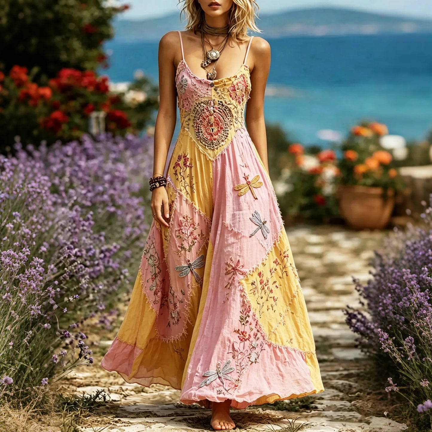 Women's Boho Floral Dragonfly Patchwork Sleeveless Dress