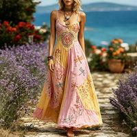 Women's Boho Floral Dragonfly Patchwork Sleeveless Dress