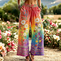 Women's Retro Floral Peace Symbol Embroidered Casual Cotton Linen Trousers