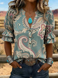 Women's Paisley Print Puff Sleeve Casual Shirt