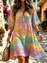 Women's Retro Hippie Style Peace Symbol Sun And Moon Embroidery V-neck Short Sleeve Linen Blend Dress