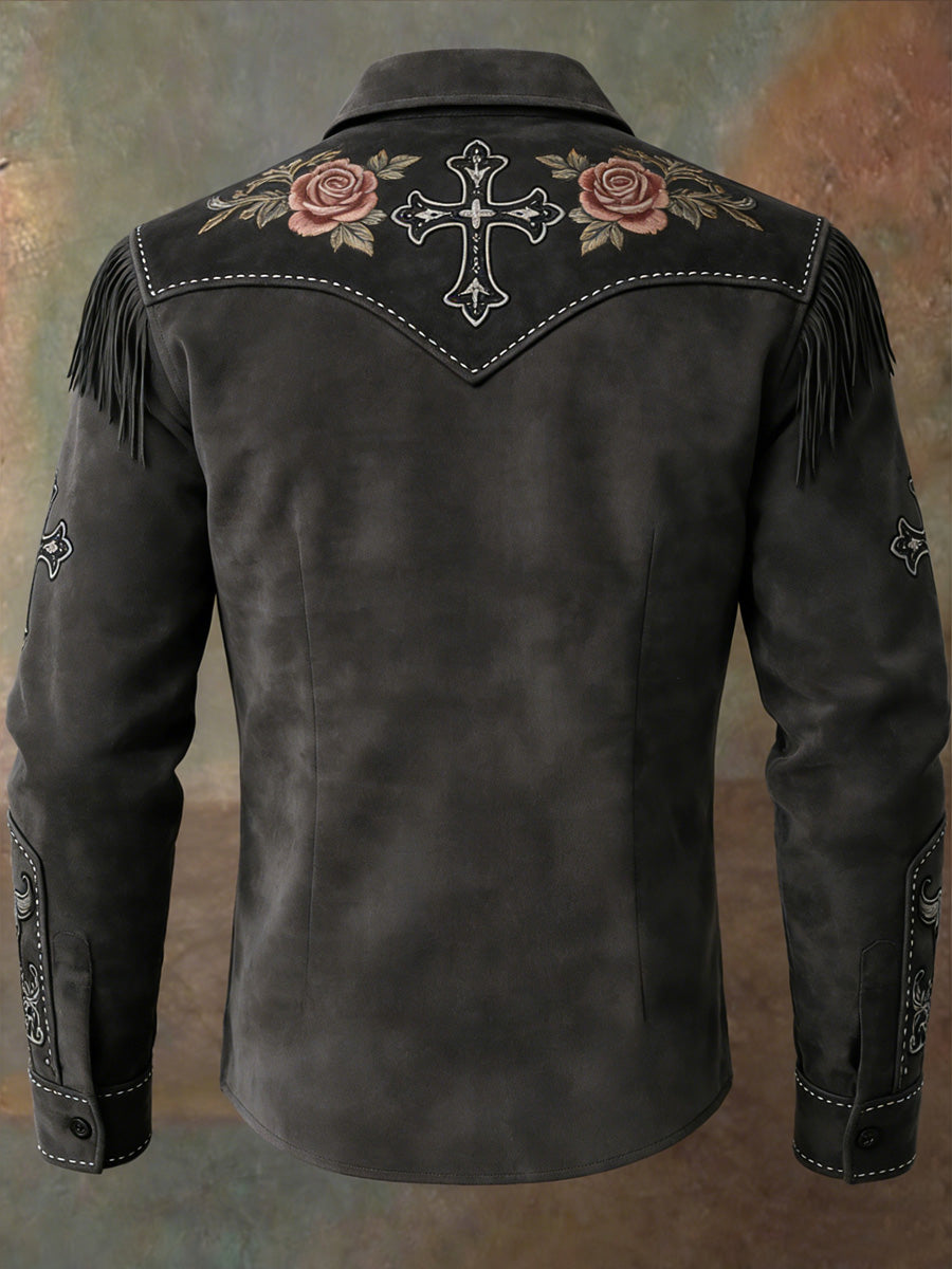Men's Retro Western Style Art Print Vintage Tassel Casual Long Sleeve Shirt