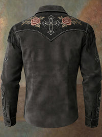 Men's Retro Western Style Art Print Vintage Tassel Casual Long Sleeve Shirt