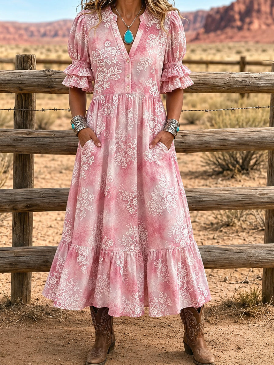 Retro Floral Art Print Midi Dress