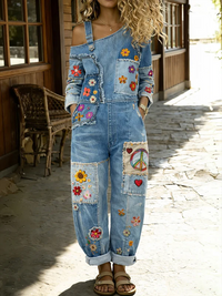 Women's Retro Floral Color-Blocked Art Print Washed Cotton Denim Patchwork Jumpsuit
