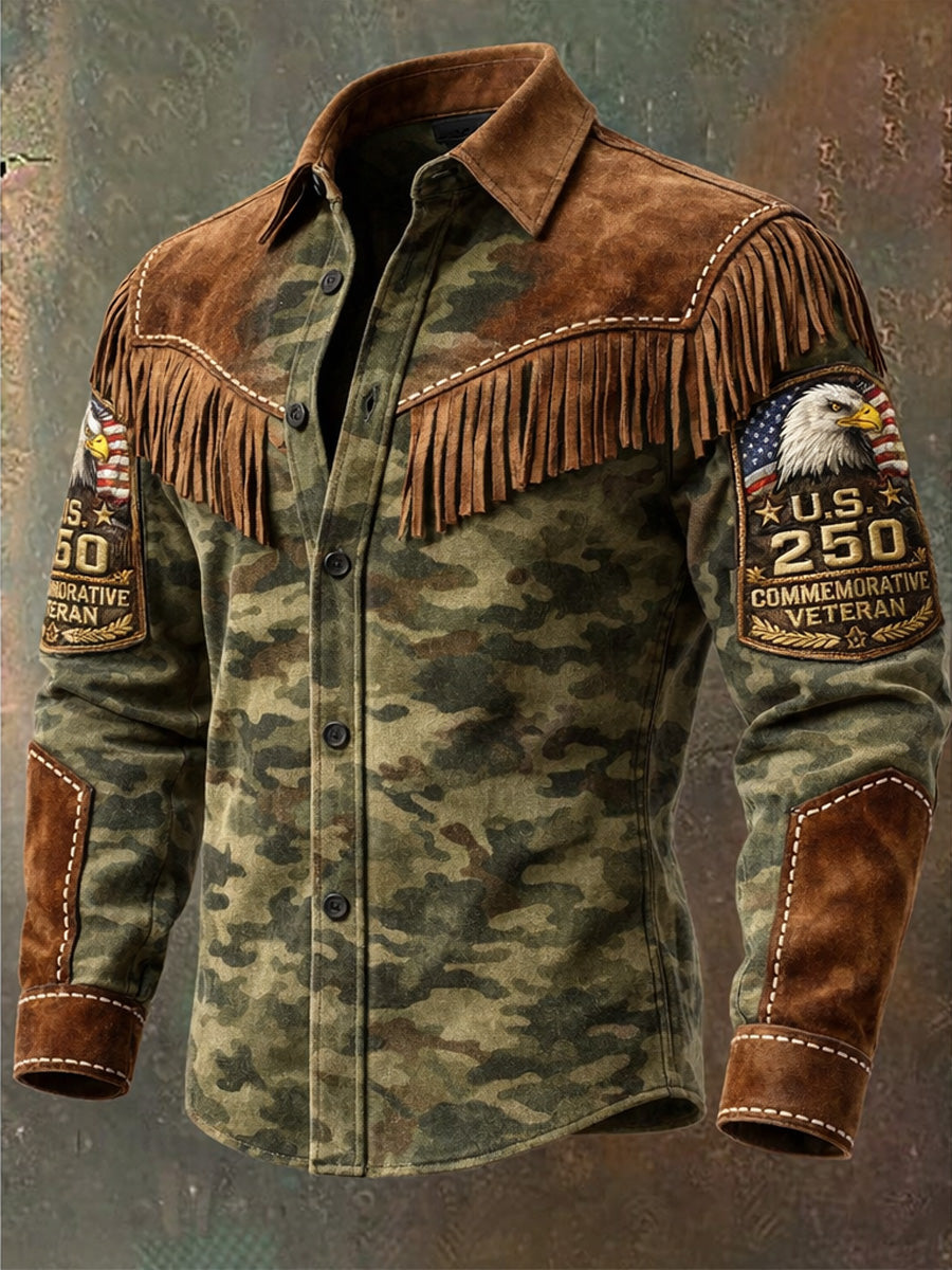 Men's Retro Western Style US 250th Anniversary Print Vintage Tassel Casual Long Sleeve Shirt