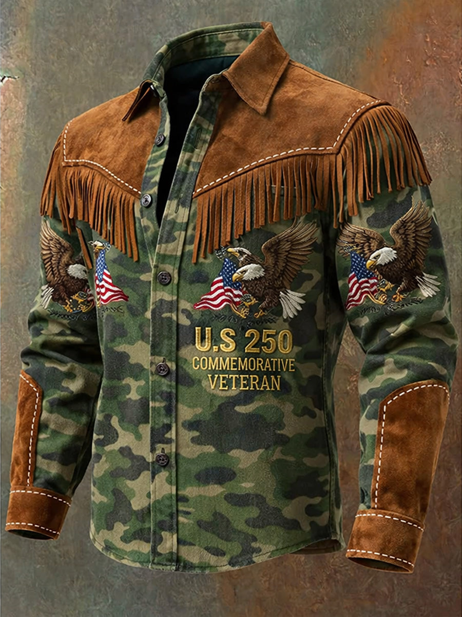 Men's Retro Western Style US 250th Anniversary Print Vintage Tassel Casual Long Sleeve Shirt
