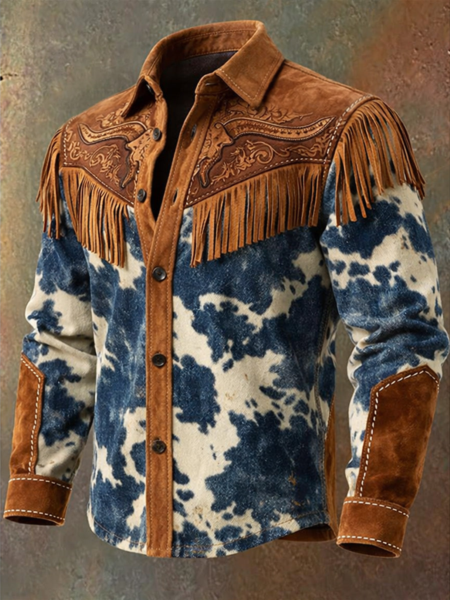 Men's Retro Western Style Print Vintage Tassel Casual Long Sleeve Shirt