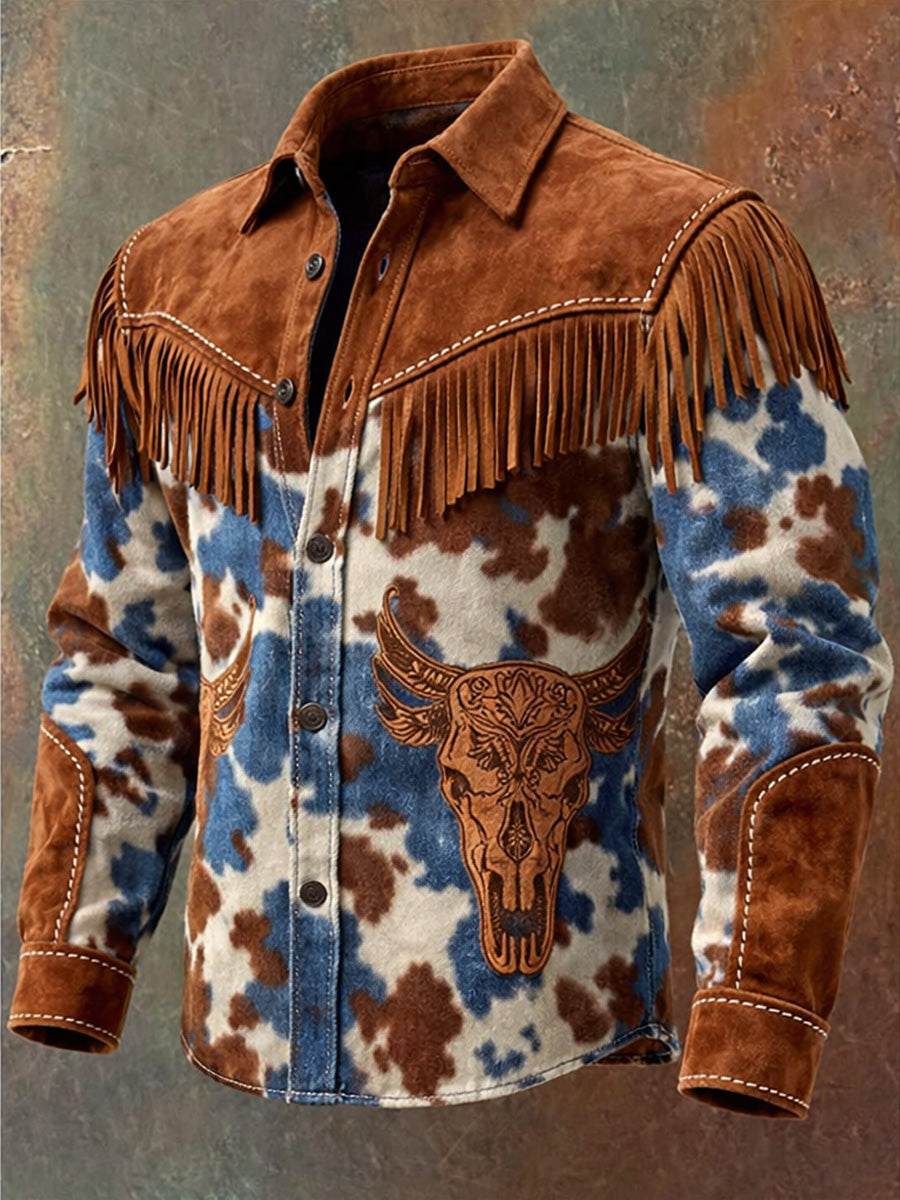 Men's Retro Western Style Print Vintage Tassel Casual Long Sleeve Shirt