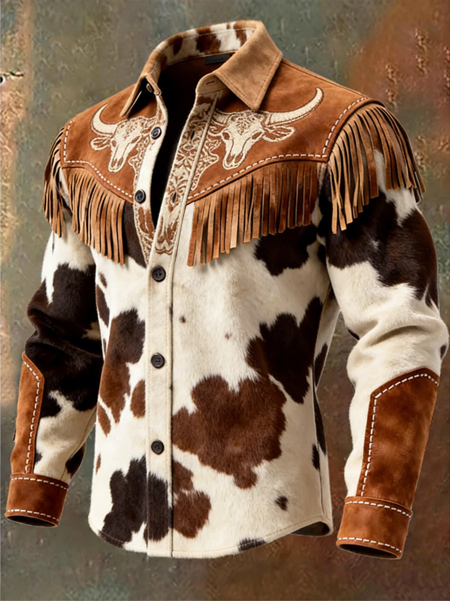 Men's Retro Western Style Print Vintage Tassel Casual Long Sleeve Shirt