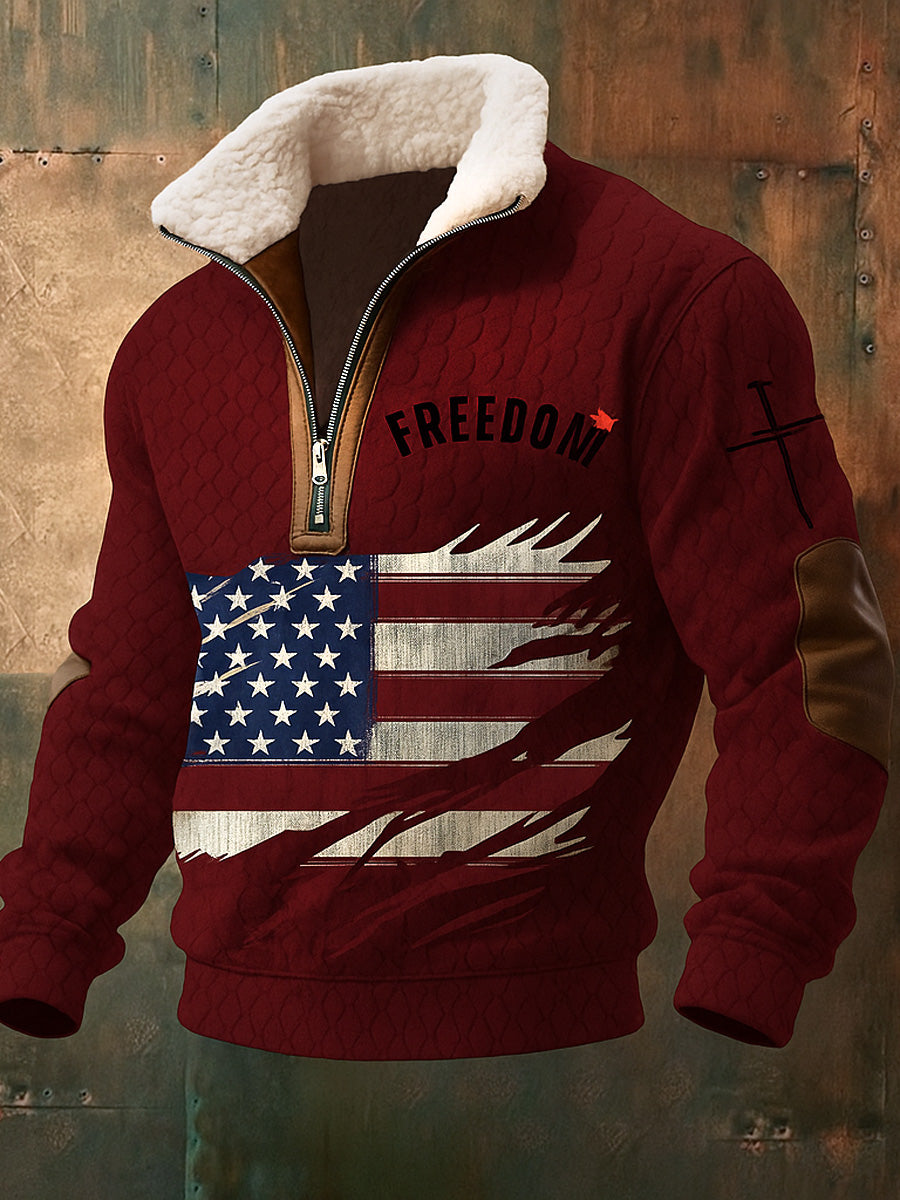 Men's Freedom American Flag Printed Jacquard Fabric Zipper Fur Collar Long Sleeve Sweatshirt