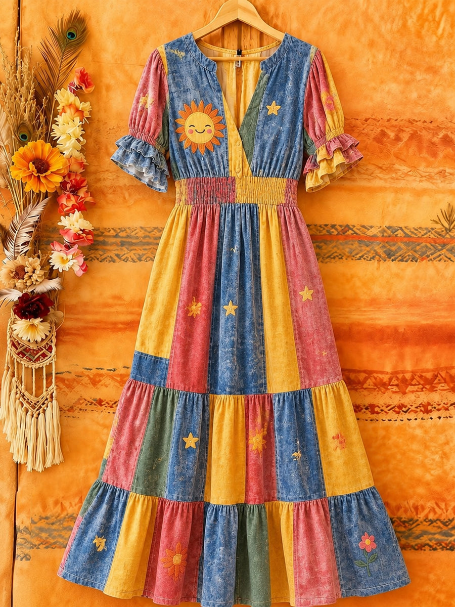 Women's Retro Art Print Washed Cotton Lace Patchwork Midi Dress