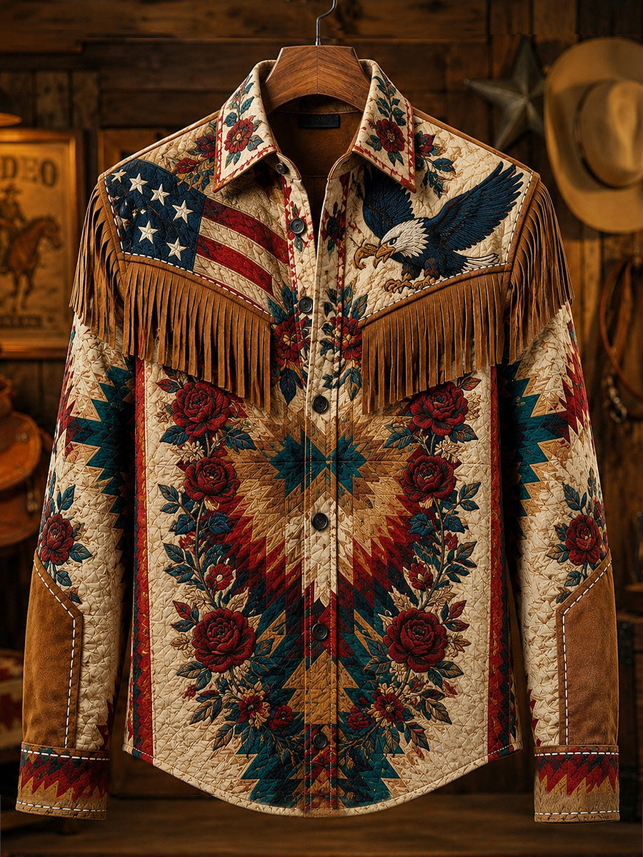 Men's Retro Style Art Print Western Vintage Tassel Casual Long Sleeve Shirt