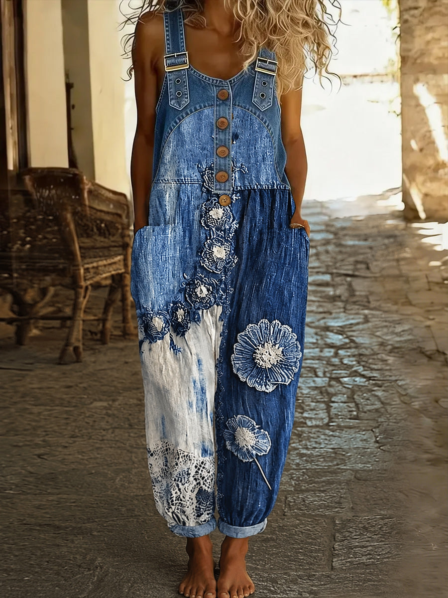 Women's Retro Style Art Print Washed Cotton Denim Patchwork Jumpsuit