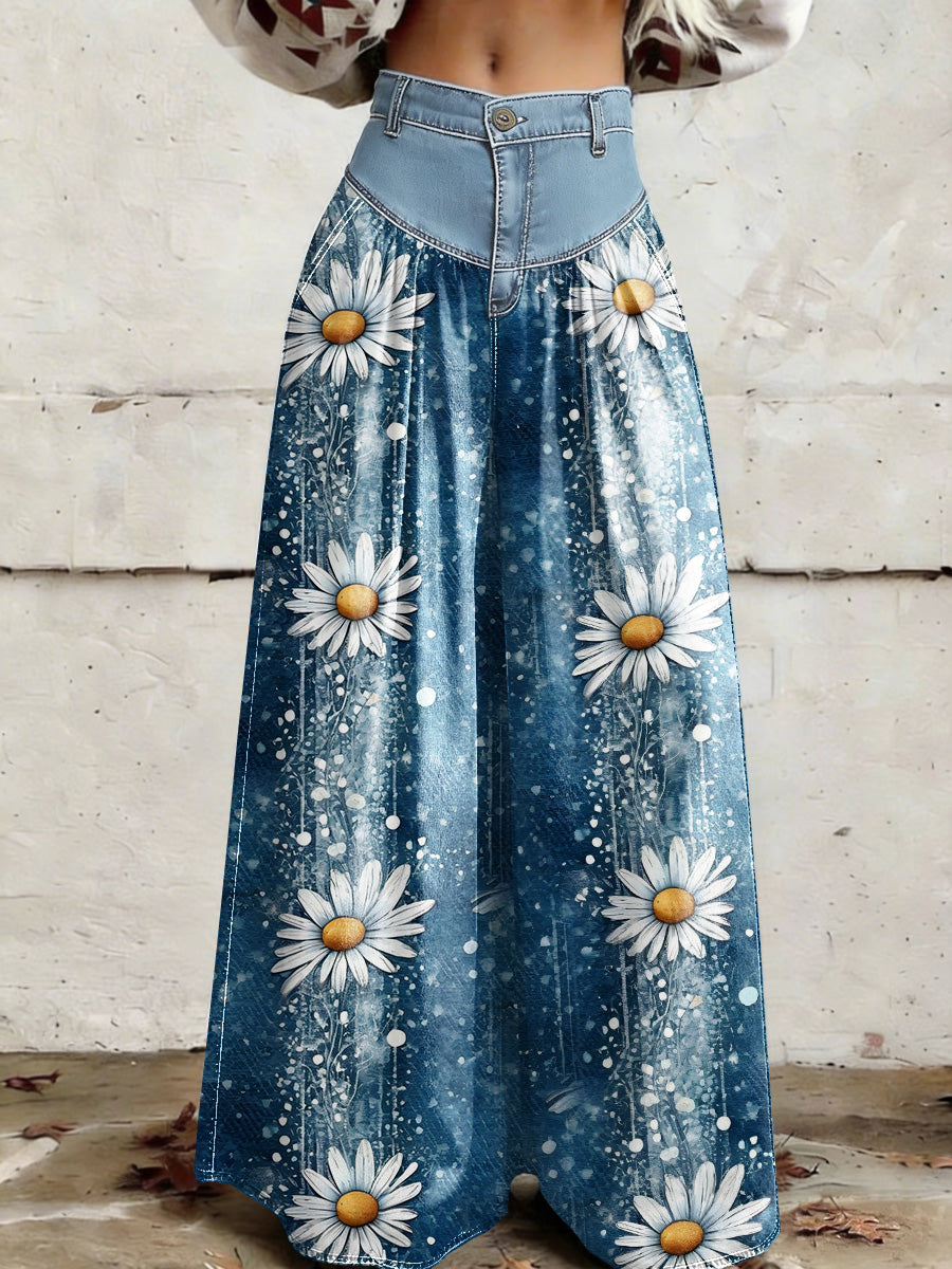 Women's Retro Floral Color-Blocked Art Print Casual Style Wide Leg Pants