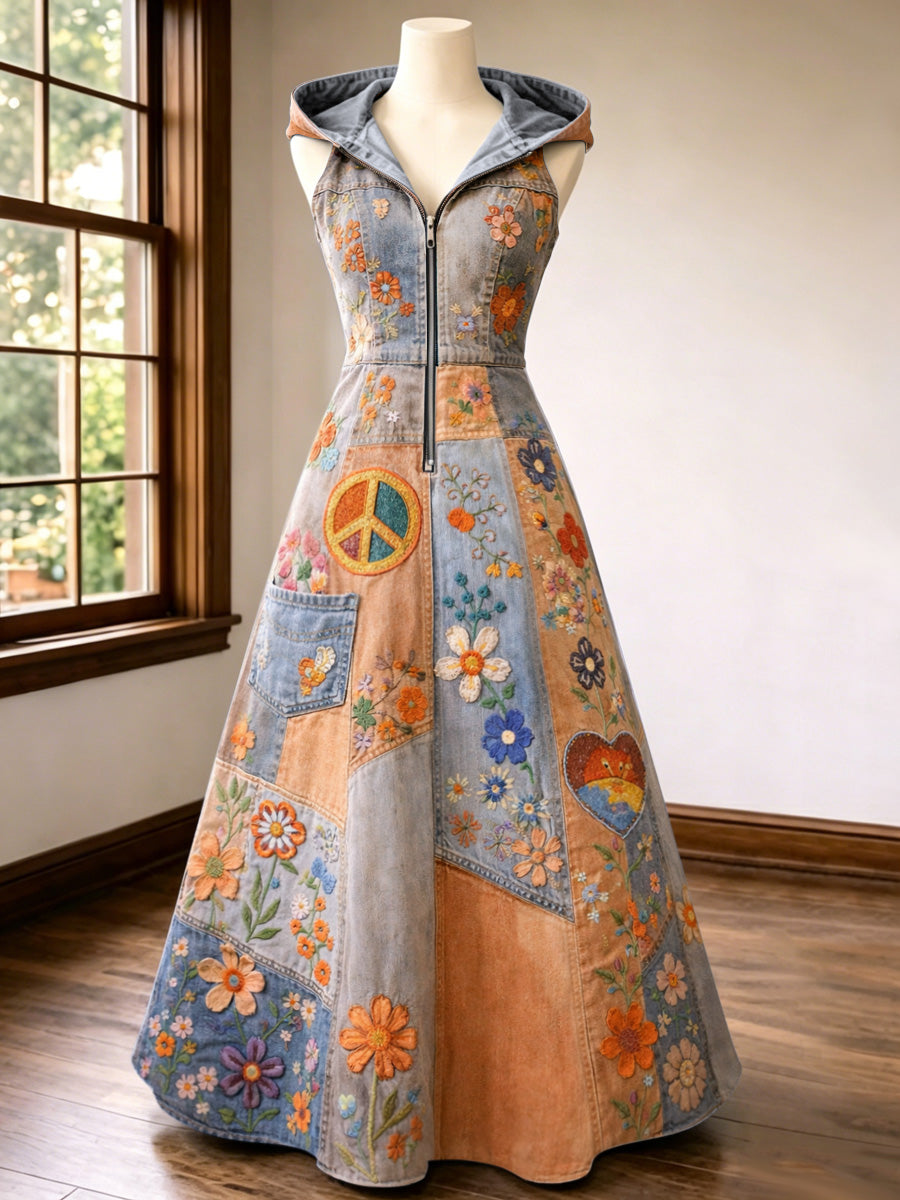 Retro Style Art Print Vintage V-Neck Hooded Zipper Maxi Dress