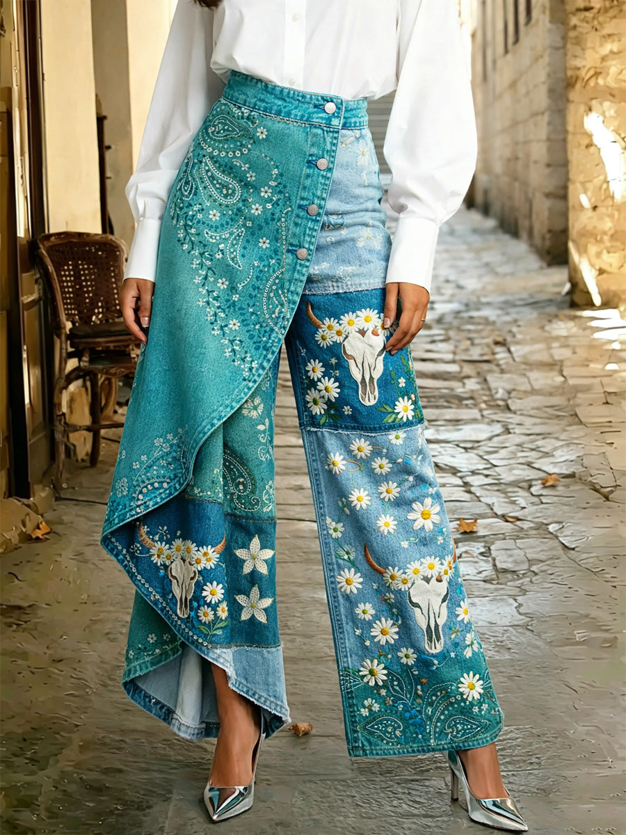 Women's Retro Hippie Art Print Casual Style Irregular Wide Leg Pants