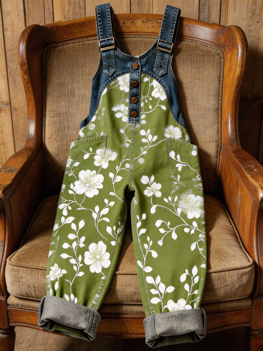 Women's Retro Style Art Print Washed Cotton Denim Patchwork Jumpsuit