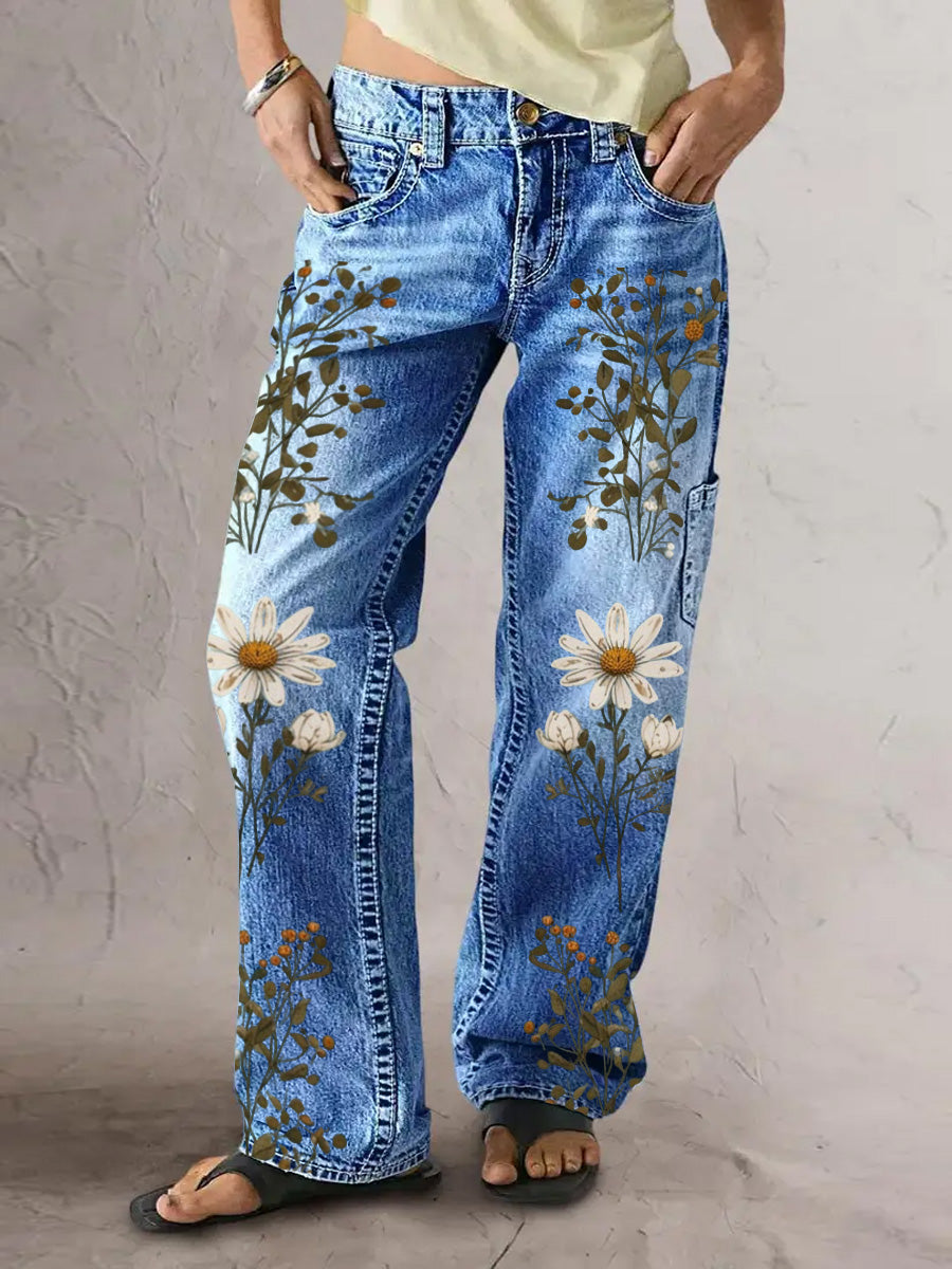 Women's Retro Style Art Print Casual Pocket Button Wide Leg Pants