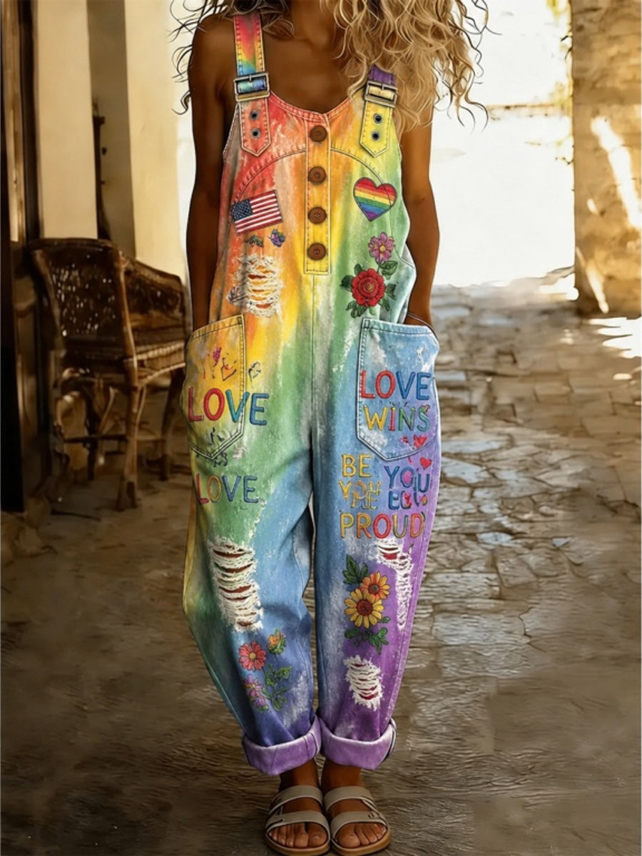 Women's Retro Style Art Print Washed Cotton Denim Patchwork Jumpsuit